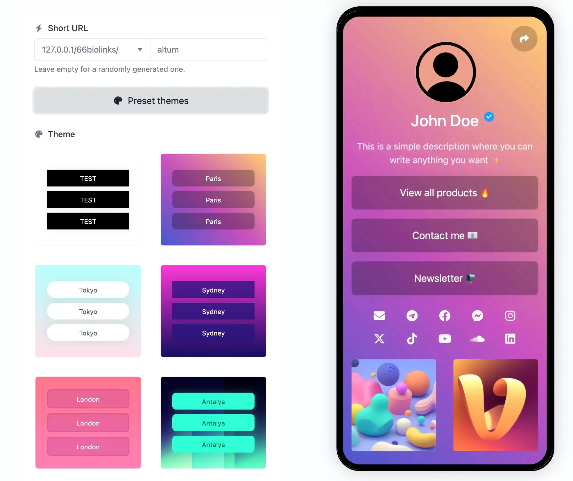 Screenshot of the app biolink editing page